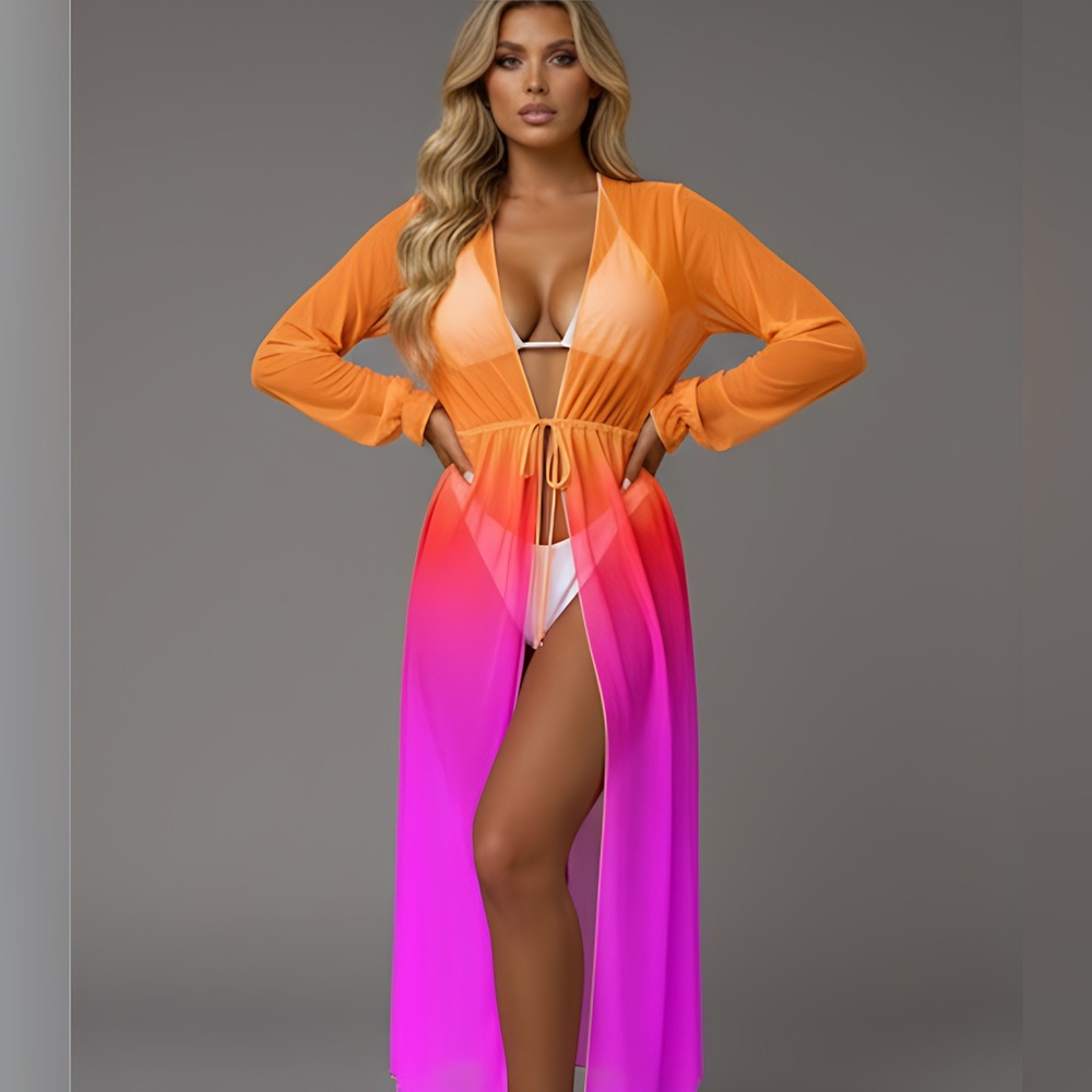 Cover Up Ombre Mesh Tie Front Kimono